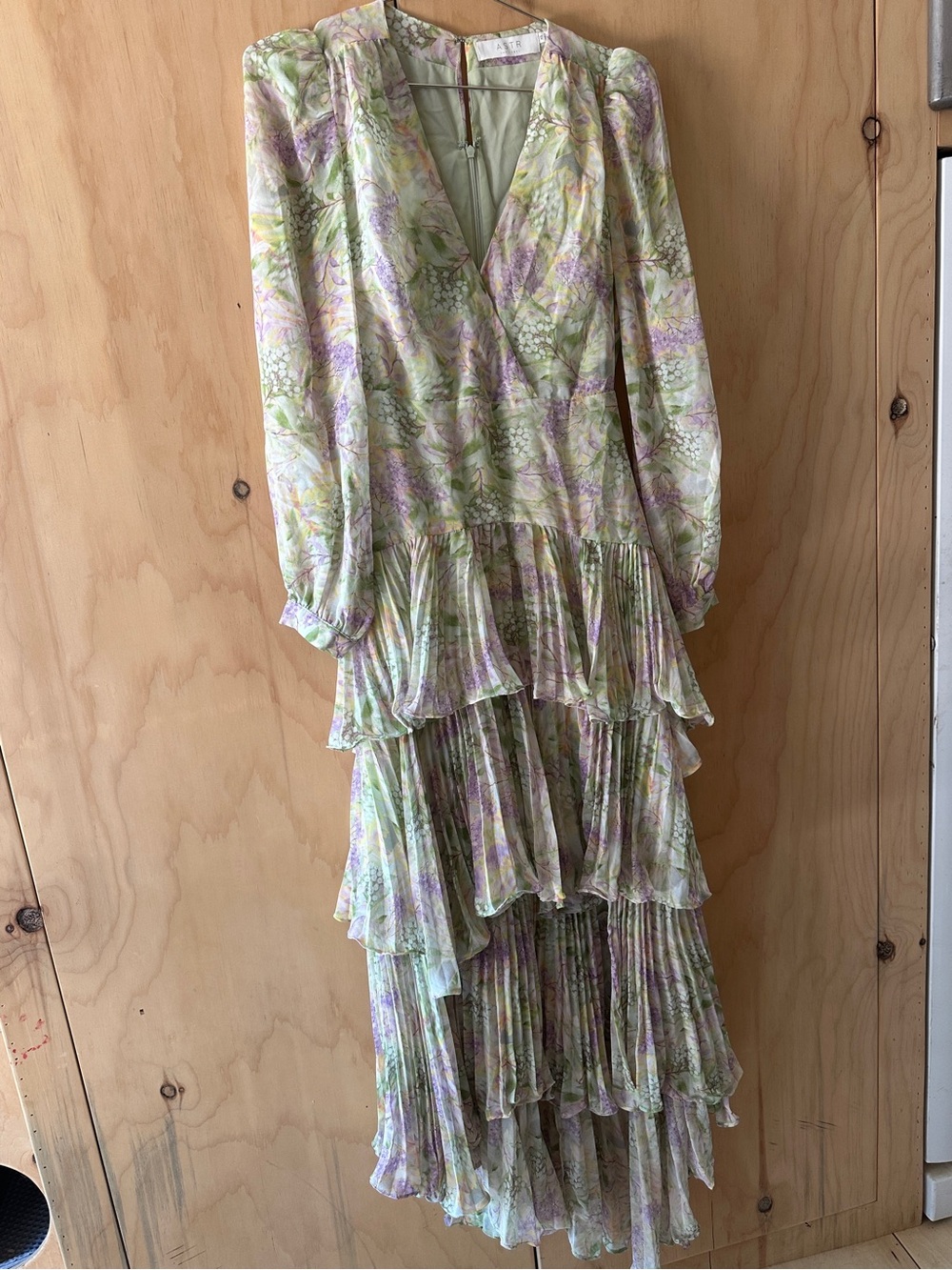Astr Floral Tiered Maxi Dress in Pastel Green and Lavender